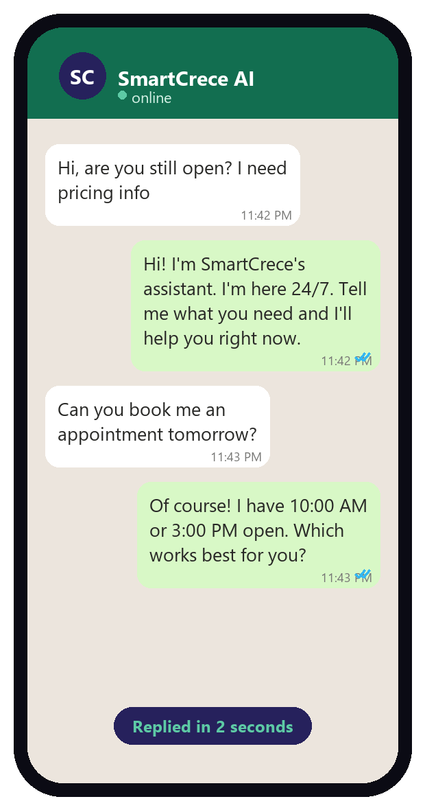 SmartCrece's AI assistant instantly replying to a WhatsApp at 11 PM and booking an appointment