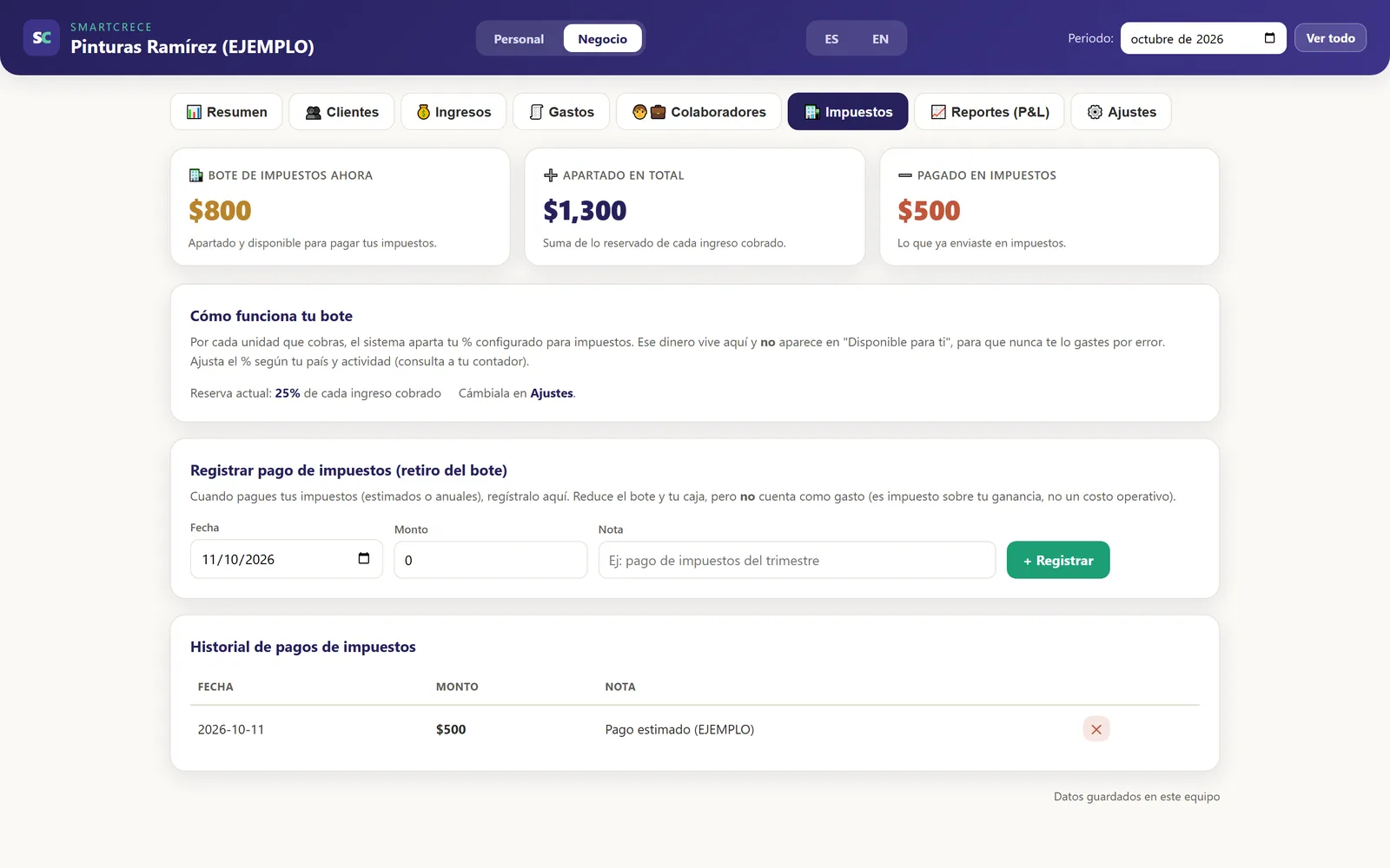 La pestaña de impuestos del panel con datos de ejemplo: bote de $800, apartado en total $1,300 y pagado $500